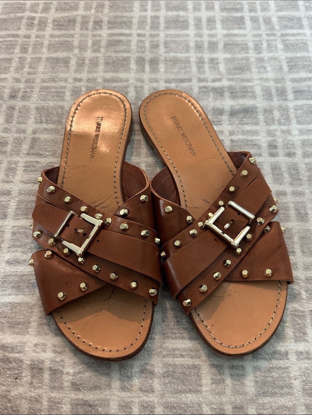 Stuart Weitzman Tan Brown Leather Studded Slide Sandals with Buckle